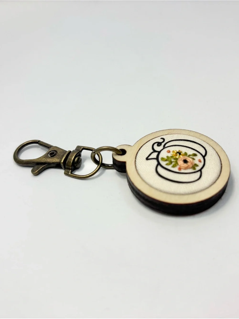 Handmade Floral Pumpkin Embroidered Wood Keychain Purse Charm NWOT